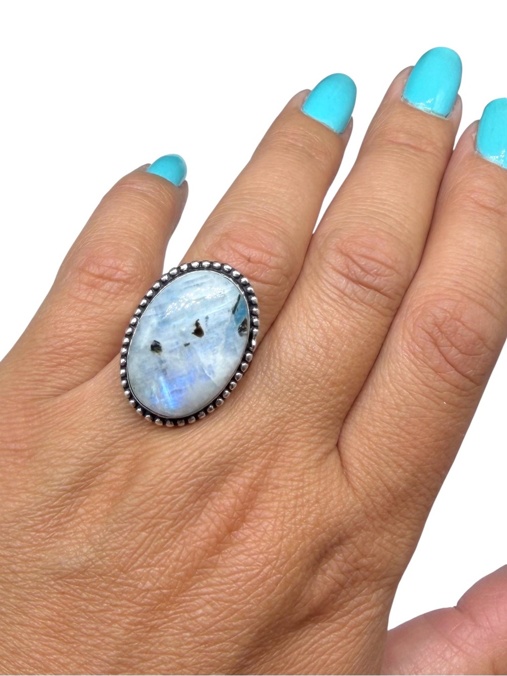 Blue Flash Rainbow Moonstone Ring Size 9 925 Sterling Silver Overlay Oval Stone - Picture 3 of 11